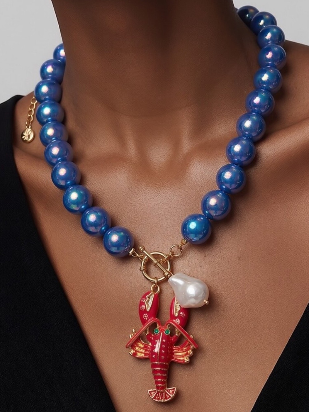 Mayamar Cobalt Blue Chrome Beaded Necklace with Red Lobster Charm(nwt)